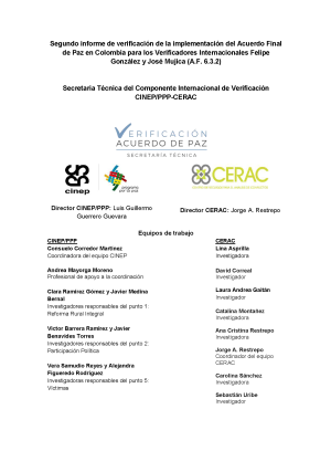 Segundo informe de verificación de la implementación del Acuerdo Final de Paz en Colombia para los Verificadores Internacionales Felipe González y José Mujica (A.F. 6.3.2)